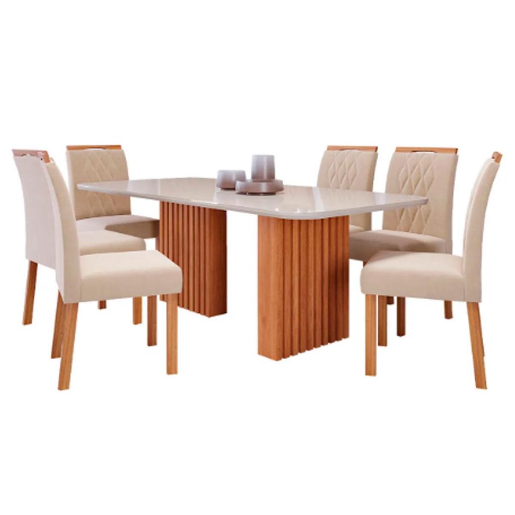 Sala de Jantar Completa Mesa Ester 2,10 Retangular com 6 Cadeiras Juliana Wood Cinamomo/Off White/Madeira/Nude