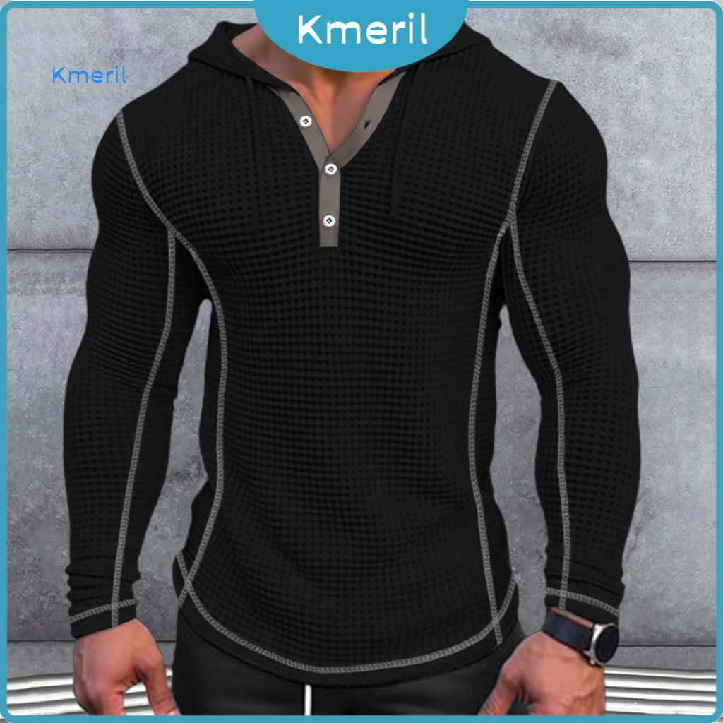 Casual Men Hoodie Polyester Men's Slim Fit Cotton Waffle Breathable Long Sleeve Pullover with Button Closure Stylish Swe