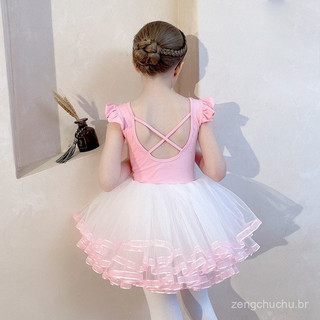 Vestido de dança infantil de algodão puro com manga curta, vestido roxo com lantejoulas e fenda para meninas, estilo cor