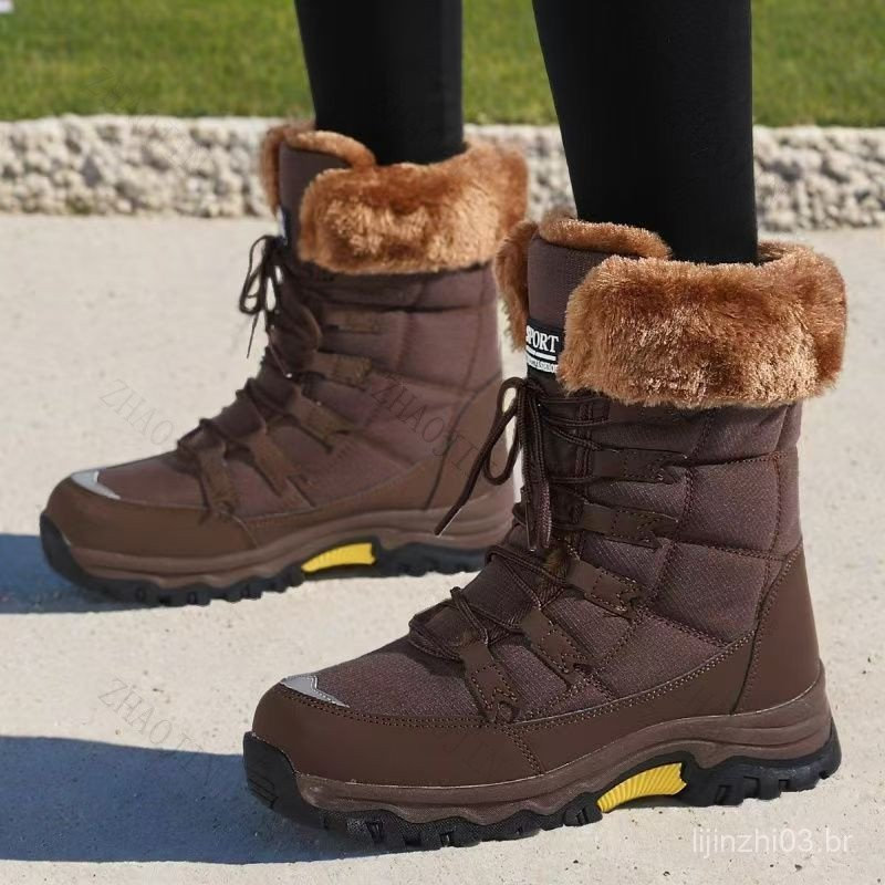Botas de neve femininas de tamanho grande, com forro de lã e algodão. |         Calçado térmico e antiderrapante ideal p