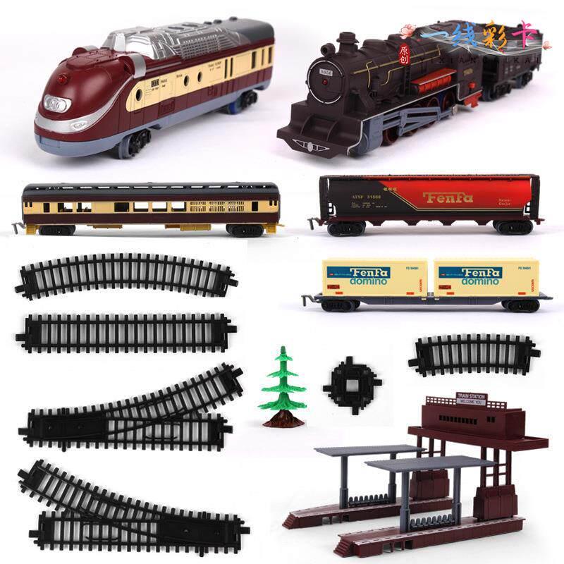 Trem brinquedos simulação trem acessórios locomotiva pista trem estação pista reta curva pista bifurcada