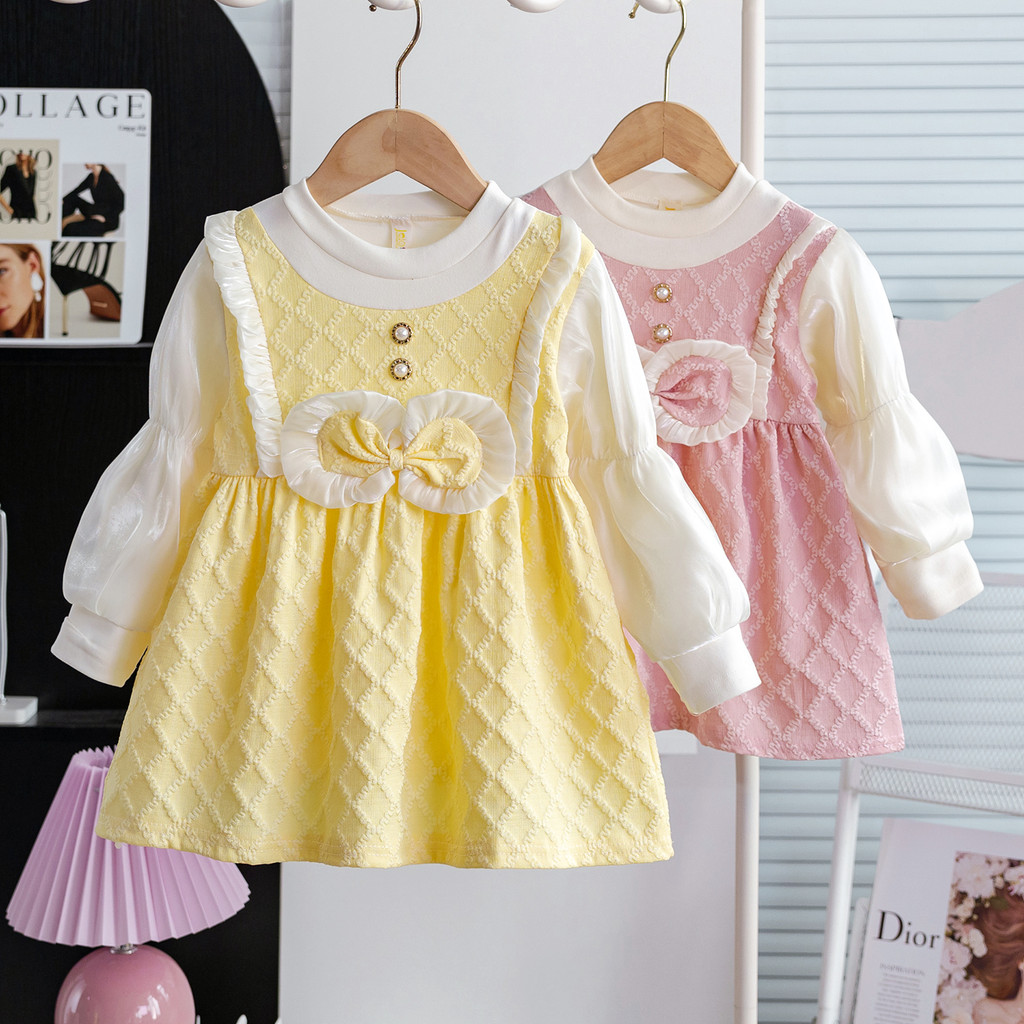 Meninas vestido primavera outono 2025 novo estilo bebê outono saia de manga comprida crianças princesa estilo ocidental 