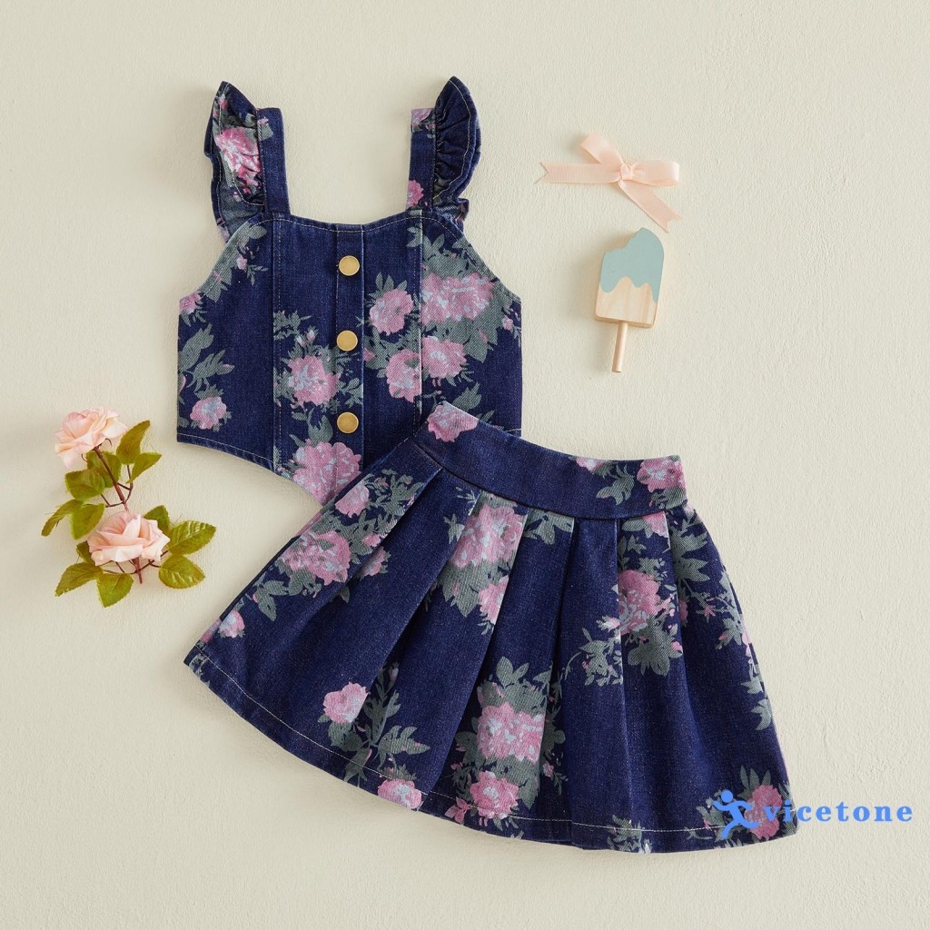 VICETONE-Kids Girl 2 Peças Roupa Floral Manga Voadora Botão Jeans Espartilho Tops E Saia Plissada Conjunto Para Roupas D