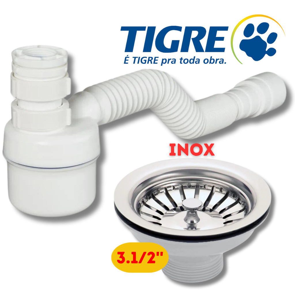 Sifão Copo Sanfonado Ajustável Tigre+Válvula Pia Cozinha Gourmet Válvula Aço Inox 3.1/2'' Válv Luxo