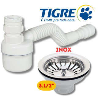 Sifão Copo Sanfonado Ajustável Tigre+Válvula Pia Cozinha Gourmet Válvula Aço Inox 3.1/2'' Válv Luxo
