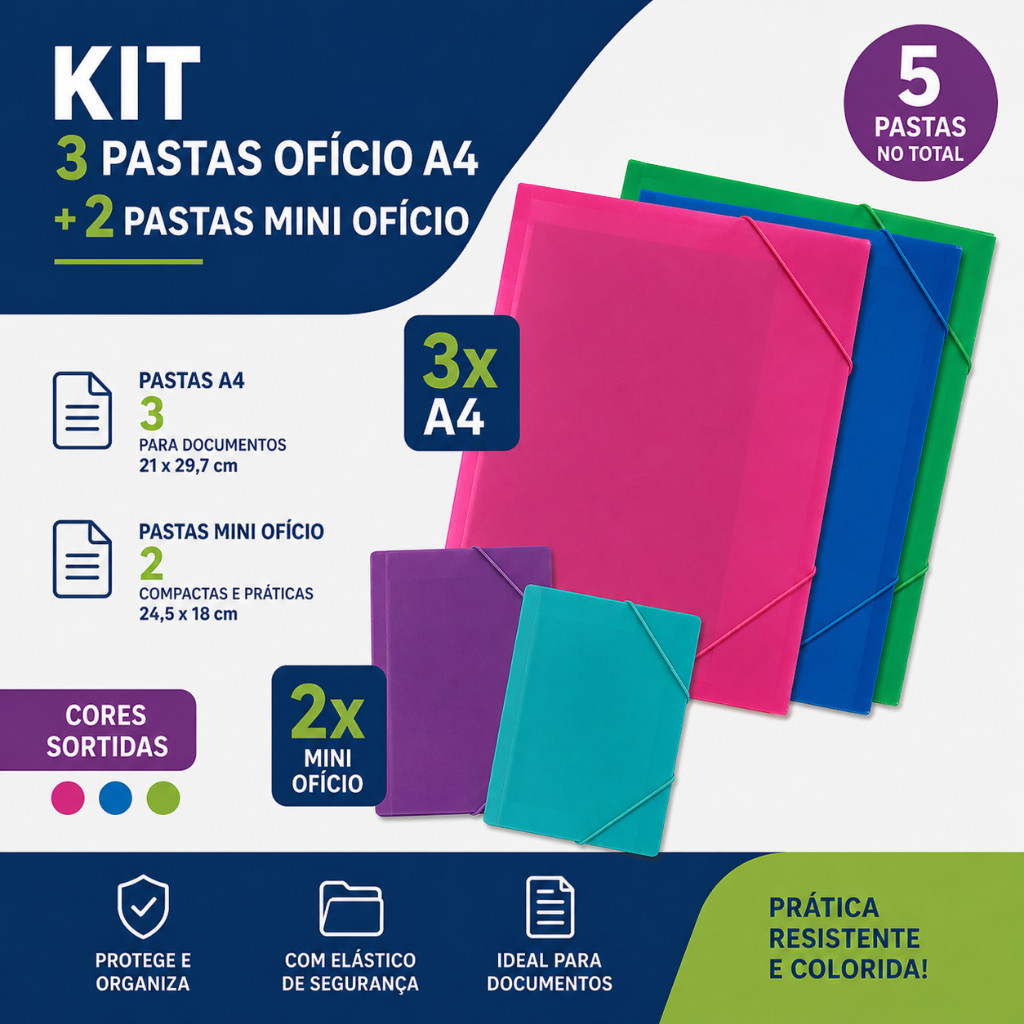 Kit 5 Pastas com Elástico sendo 3 tamanho Ofício A4 + 2 Mini Ofício | Cores Sortidas