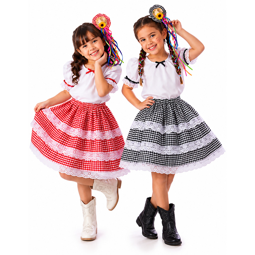 Kit Festa Junina Saia Vermelha ou Cinza e Mini Chapeu Presilha Bico de Pato Acessório Cabelo Menina