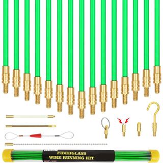 21 Feet Fiberglass Fish Tape Cable Rods, Electrical Wire Running Pull/Push Kit with Hook and Hole Kit Glow Rod, Hook Hol