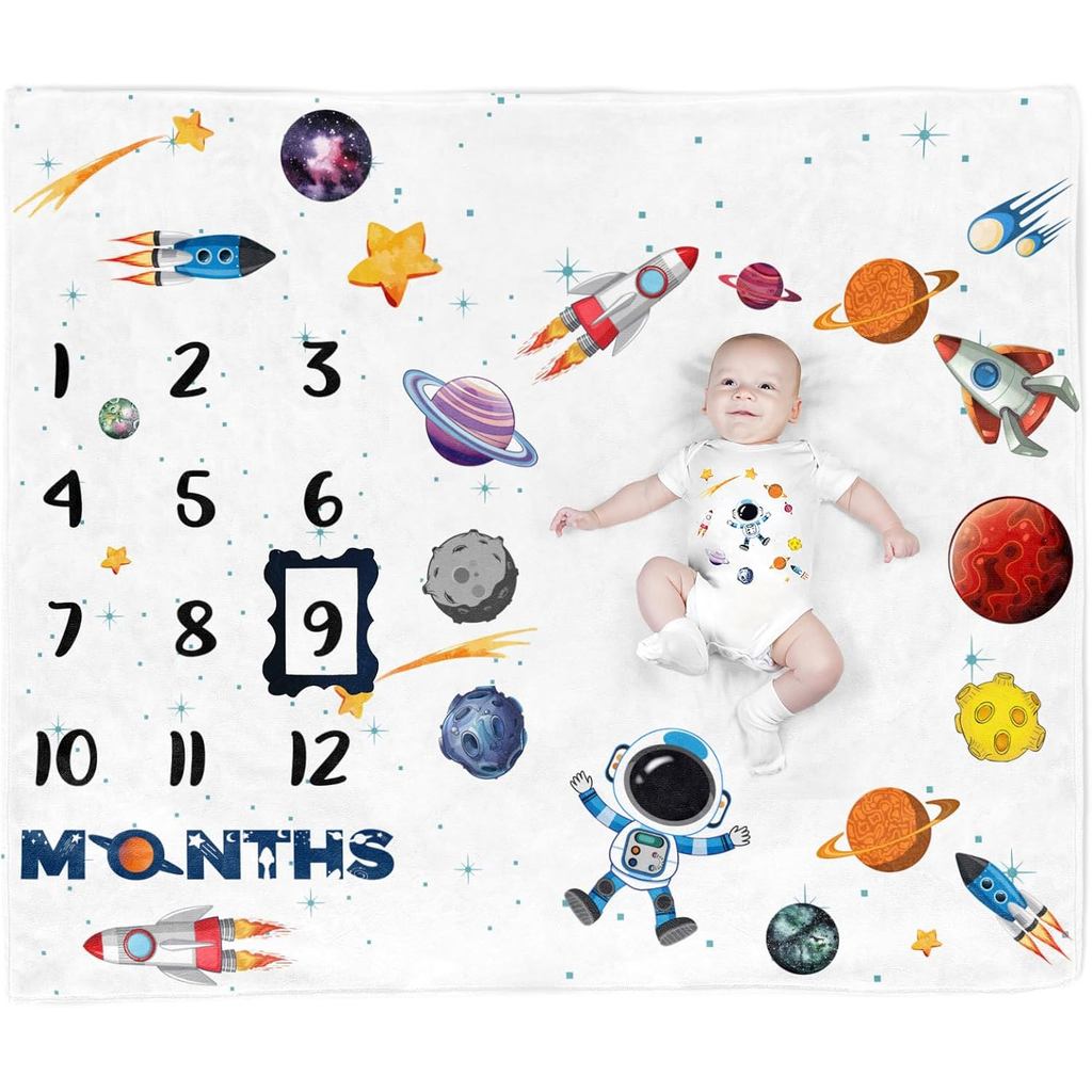 Manta para Bebê Recém-Nascido Space Baby Stuff Rocket Baby Month - Manta para Fotos com 2 Molduras B35-1