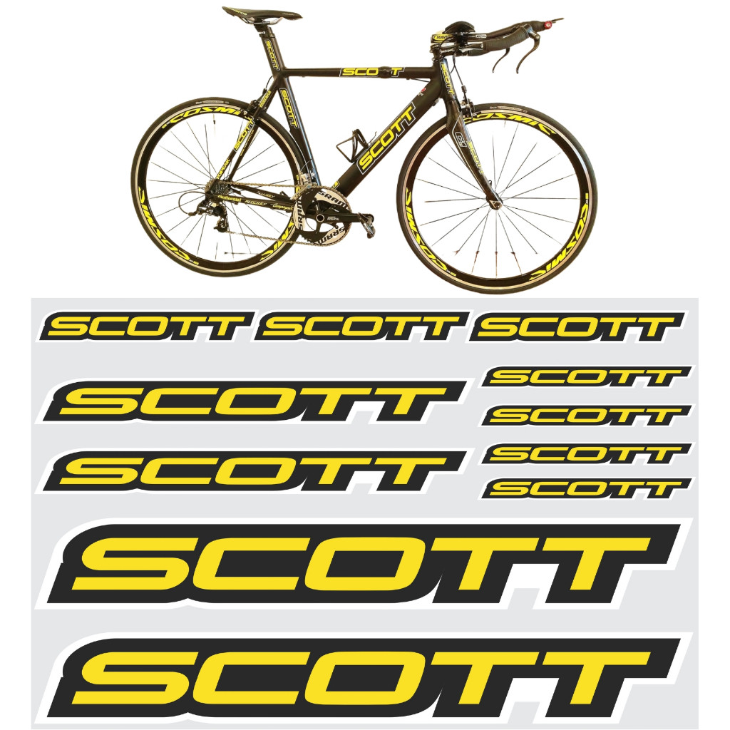 Kit com 11 Adesivos para Quadro de Bicicleta Compatível Scott Mountain Bike em Vinil Amarelo