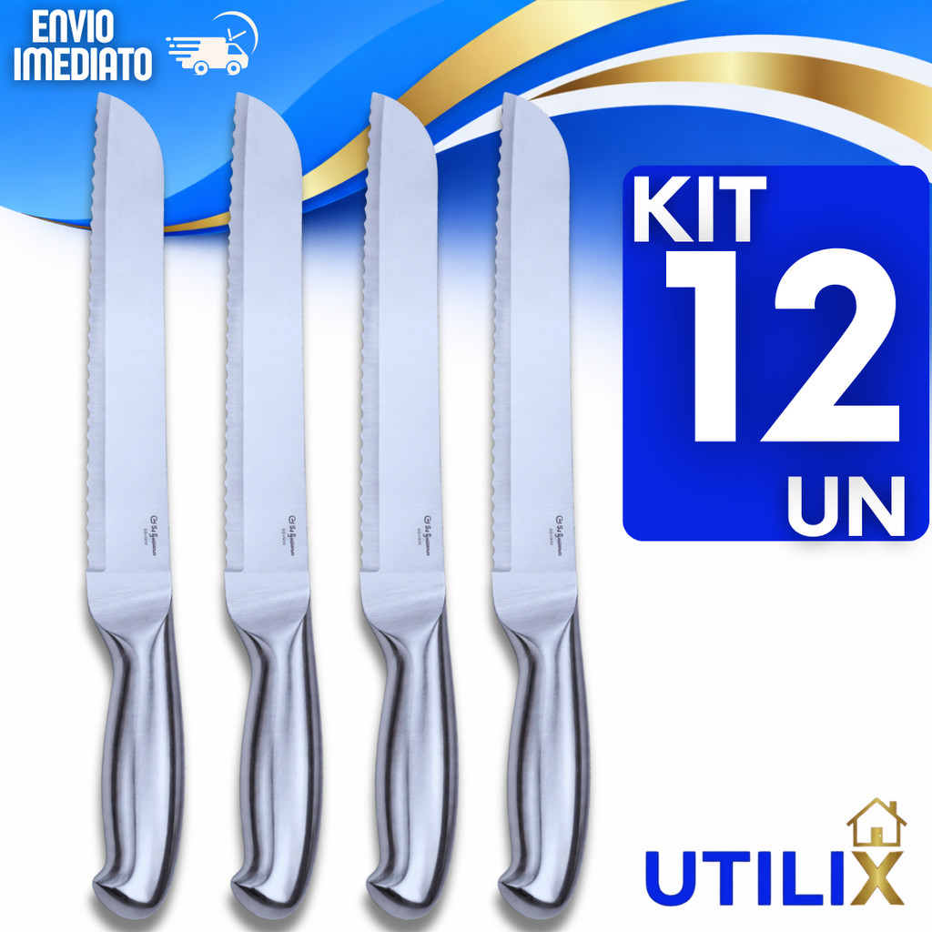 Combo Faca Pão Aço Inox 8' Serrilhada Bolos Tortas Cozinha Buffet Toda Inox Praticidades