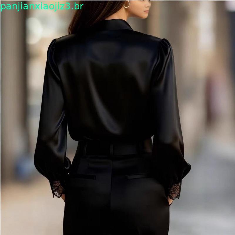 Blusa Feminina De Renda De Cetim | Csa De Manga Comprida Com Decote Em V E Botões , Acabamento Superior Elegante Para
