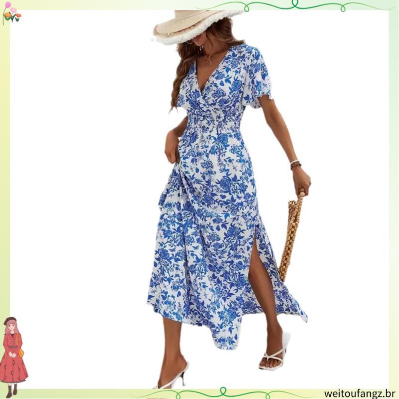 Vestido novo vestido feminino de verão premium plus size feminino gordo mm vestido longo com cintura fina com gola v sai