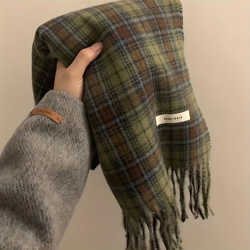 Cachecol Masculino Vintage Verde Xadrez com Franjas - Xale Macio e Quente, Cachecol Não Elástico para Outono e Inverno,