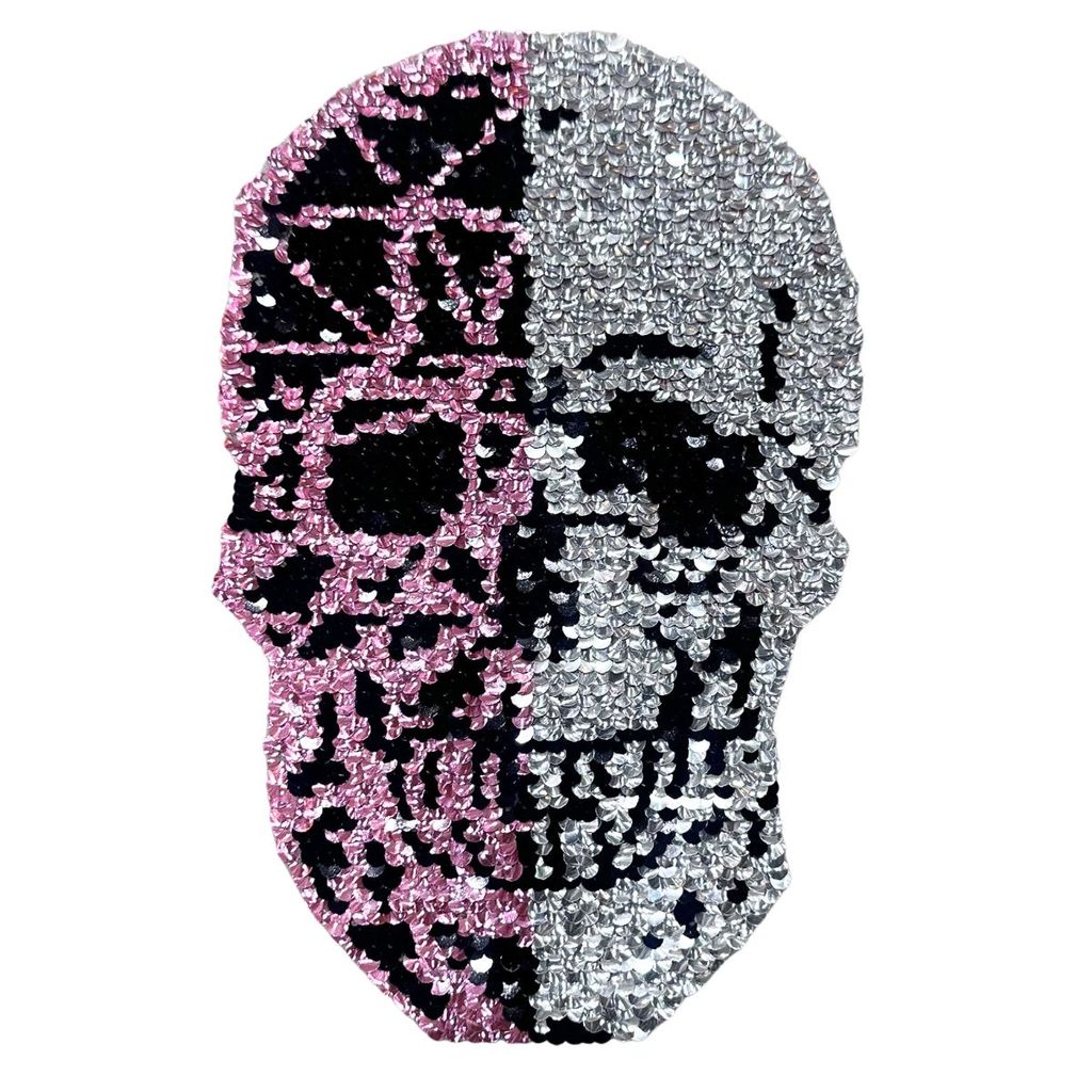 Aplique Costura Descolado Caveira Com Lantejoula Prata e Rosa