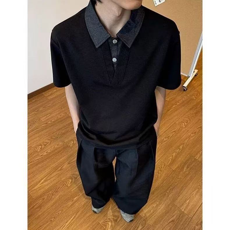 Americano Retro falso de duas peças ombro genuíno camisa polo de manga curta masculina Street Wear bonito camisa gola ca