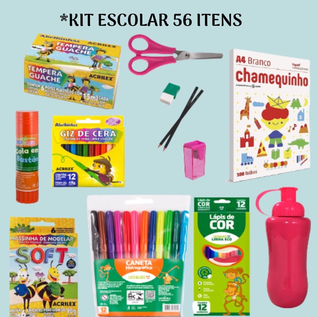 Kit Escolar Infantil 56 unidades- Guache- Giz de Cera- Massinha - Cola - Canetinha- Lápis de Cor- Sulfite- Tesoura- Borr