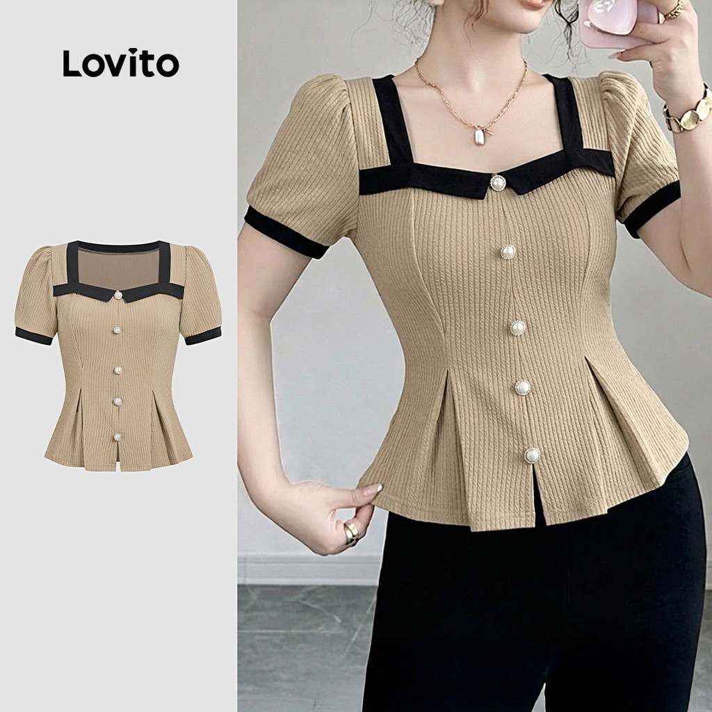Lovito Blusa Elegante Colorblock Jacquard Primavera/verão Blusa Caqui para mulhe