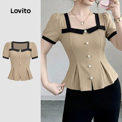 Lovito Blusa Elegante Colorblock Jacquard Primavera/verão Blusa Caqui para mulheres LK6ED244
