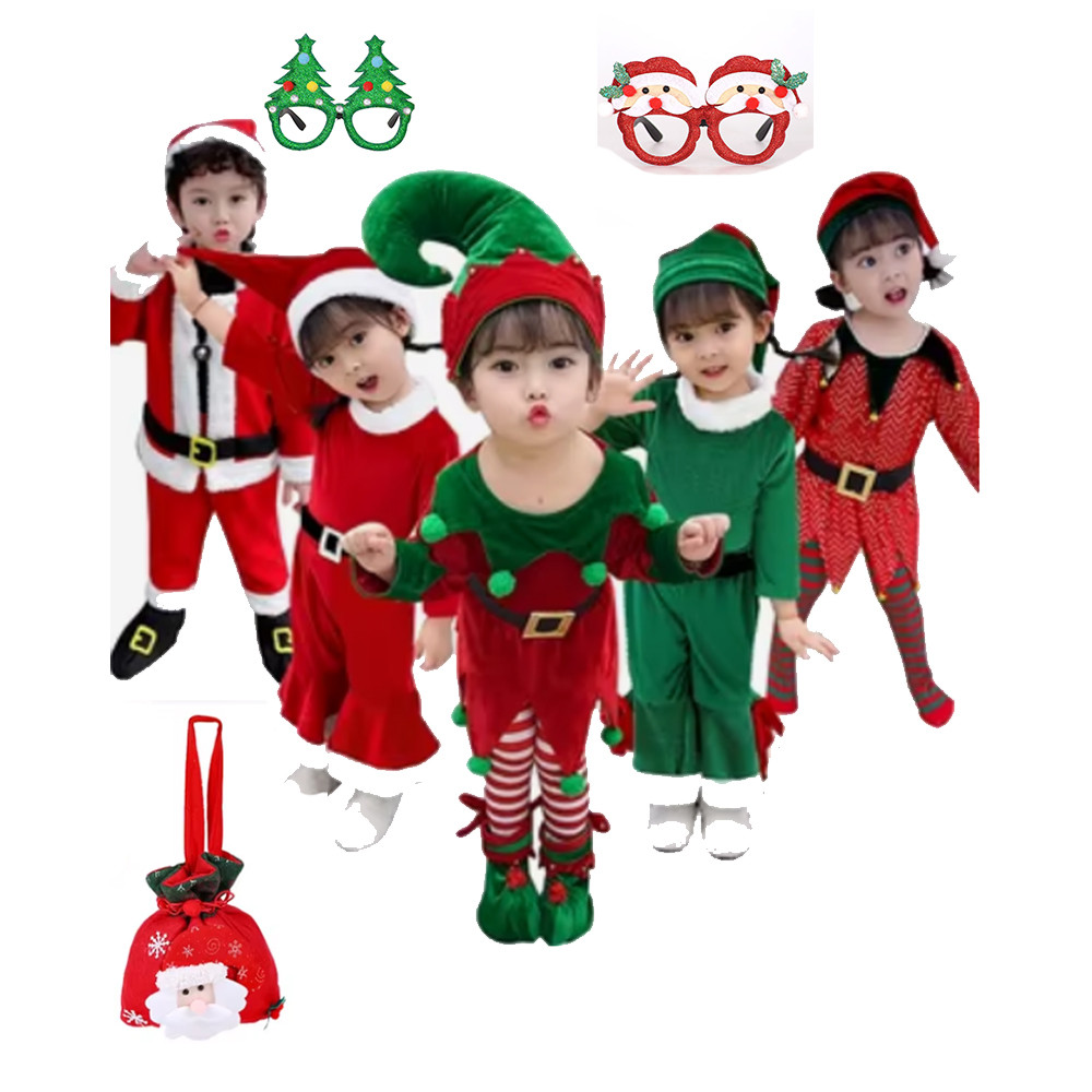 Ano Novo Elfo Traje Para Crianças Menina Verde Papai Noel Terno Conjunto Com Chapéu Fantasia Vestido De Festa De Natal D