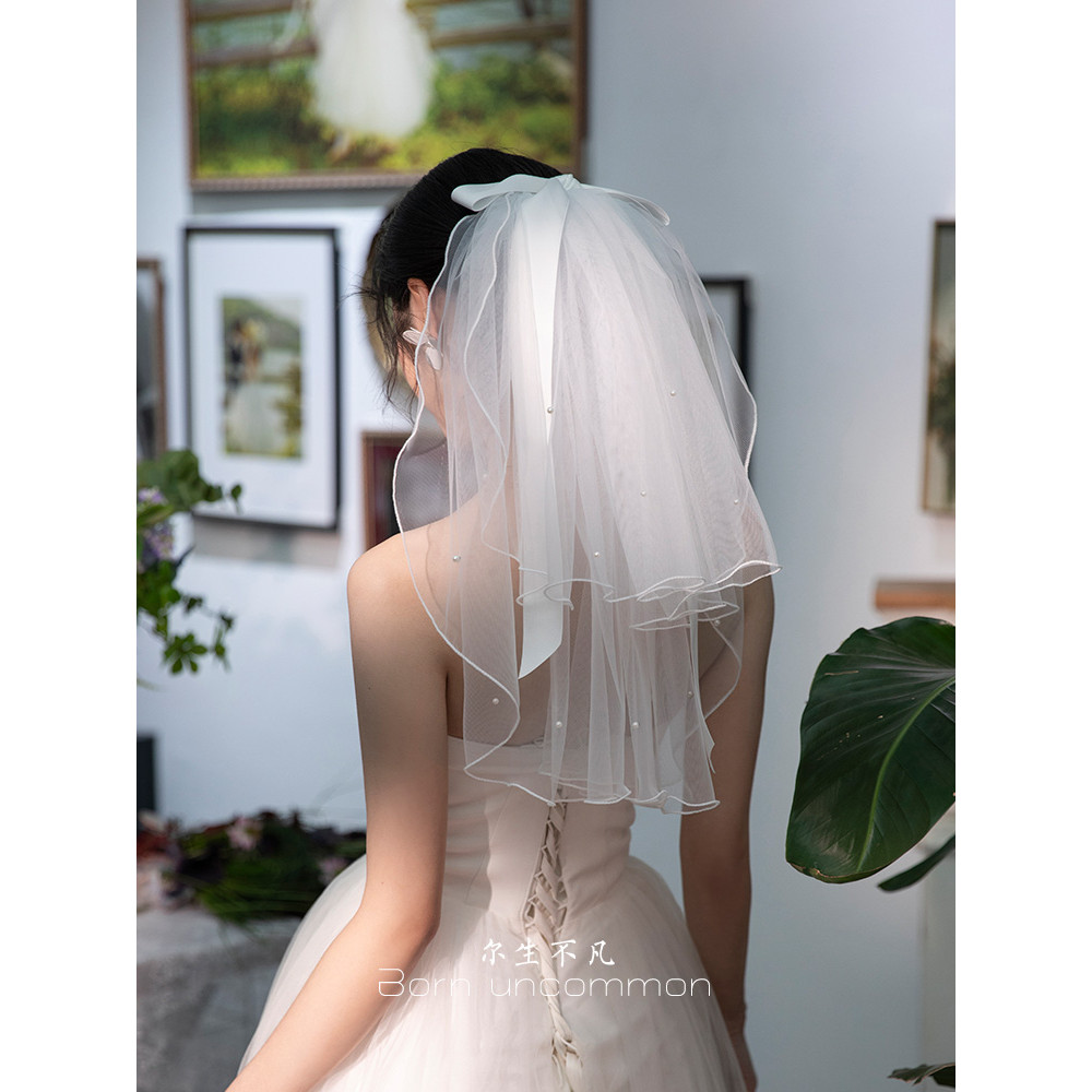 Véu de noiva cocar foto adereços proposta curta colar de casamento certificado registro pequeno véu frisado arco