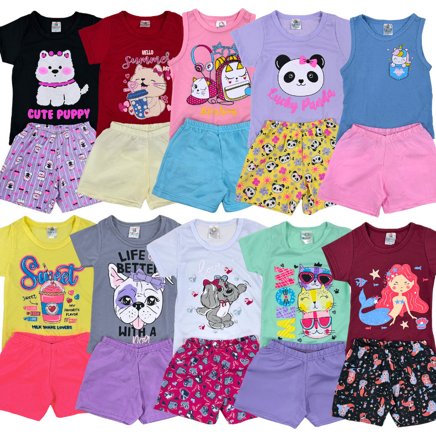 Kit 6 ou 10 Peças 3 ou 5 Conjunto Roupa Infantil Menina Verão Sortido Estampado Camiseta + Shorts