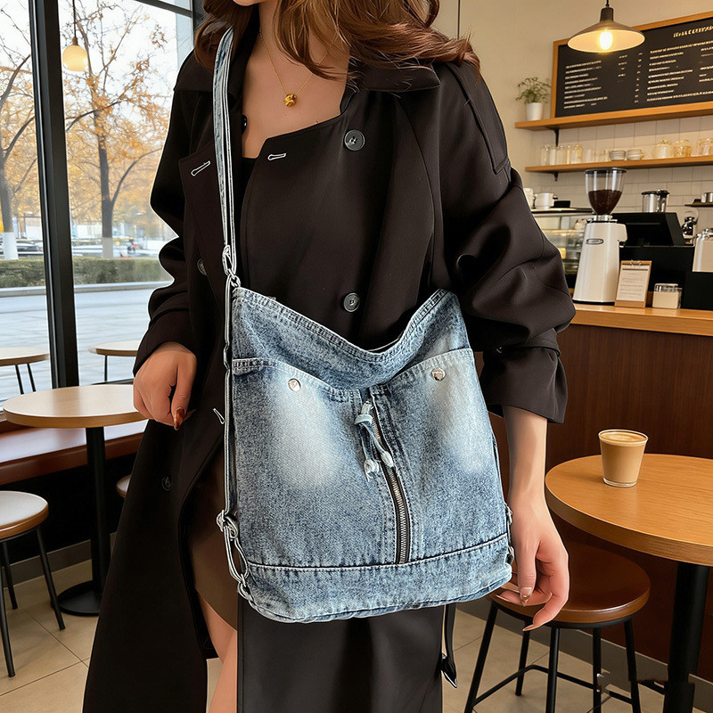 Bolsa feminina de grande capacidade em jeans desgastado, estilo coreano, de alta qualidade, nova coleção 2026, estilo re