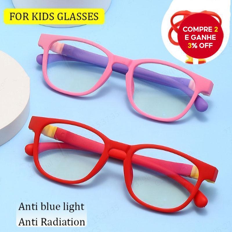 Óculos infantis com armação de silicone desmontável e lentes de bloqueio de luz azul.