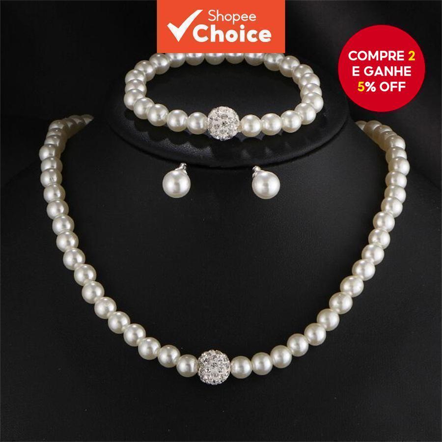 3 Peças Conjunto De Joias De Pérola Feminina Elegante Colar De Casamento Brincos Pulseira Presente De Cristal