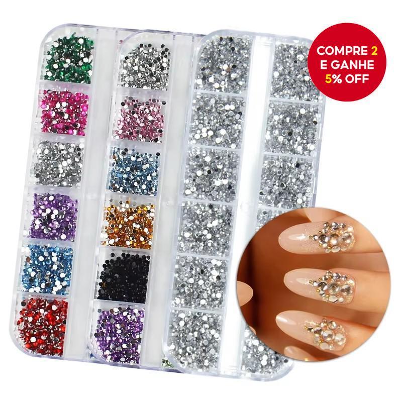 Pedras de strass redondas e coloridas de 2mm para unhas, cristais com estojo de armazenamento para decorações DIY de