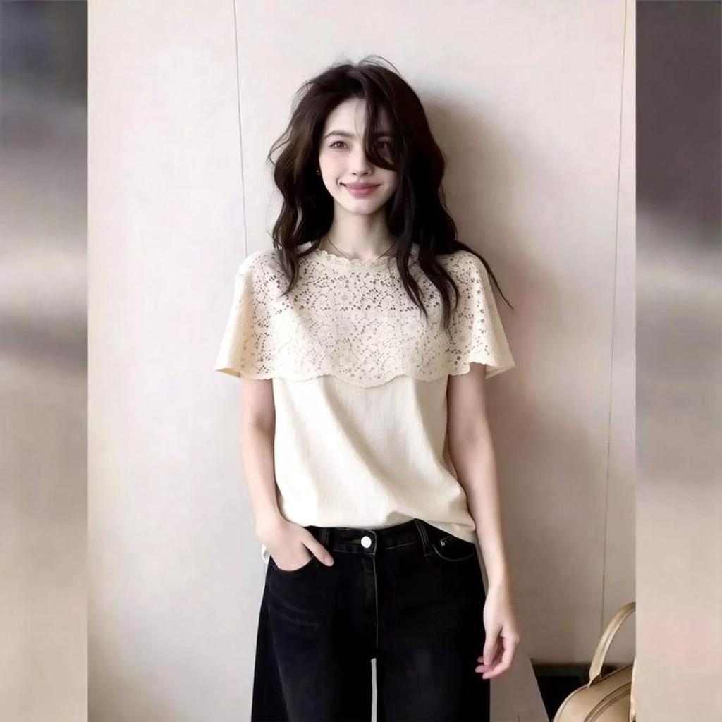 Tamanho grande roupas femininas feminino renda temperamento falso de duas peças de manga curta camiseta feminina nicho A