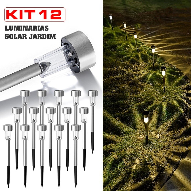 Kit 12 Luminaria Solar Balizador Espeto Led de Jardim Chão Prata Decoração Jardim Luz Quente Frio