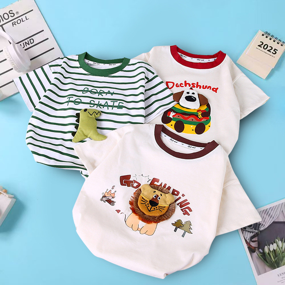 Camiseta de manga curta de algodão puro infantil verão desenho animado boneca tridimensional Top meninos meninas criança