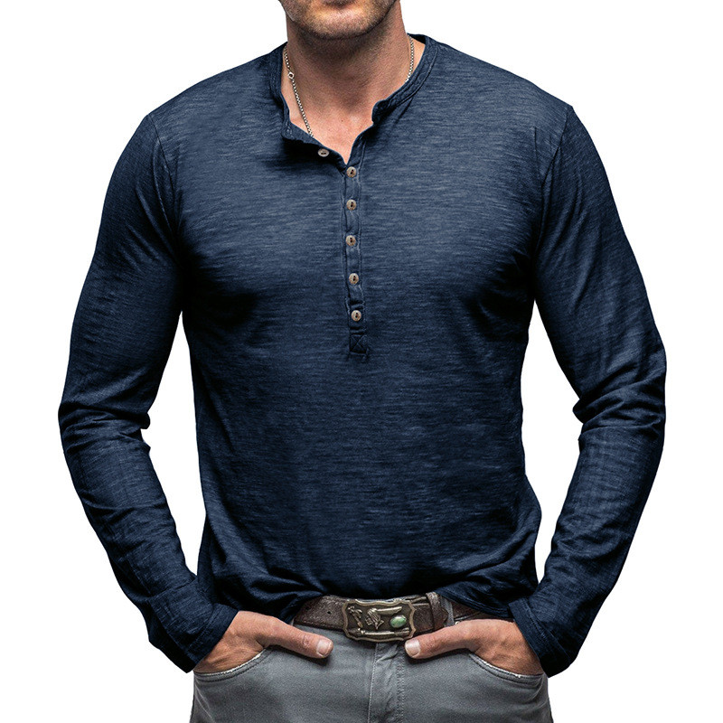 Camiseta masculina de manga comprida camiseta de manga comprida ao ar livre europeu americano Henry camisa Slub algodão