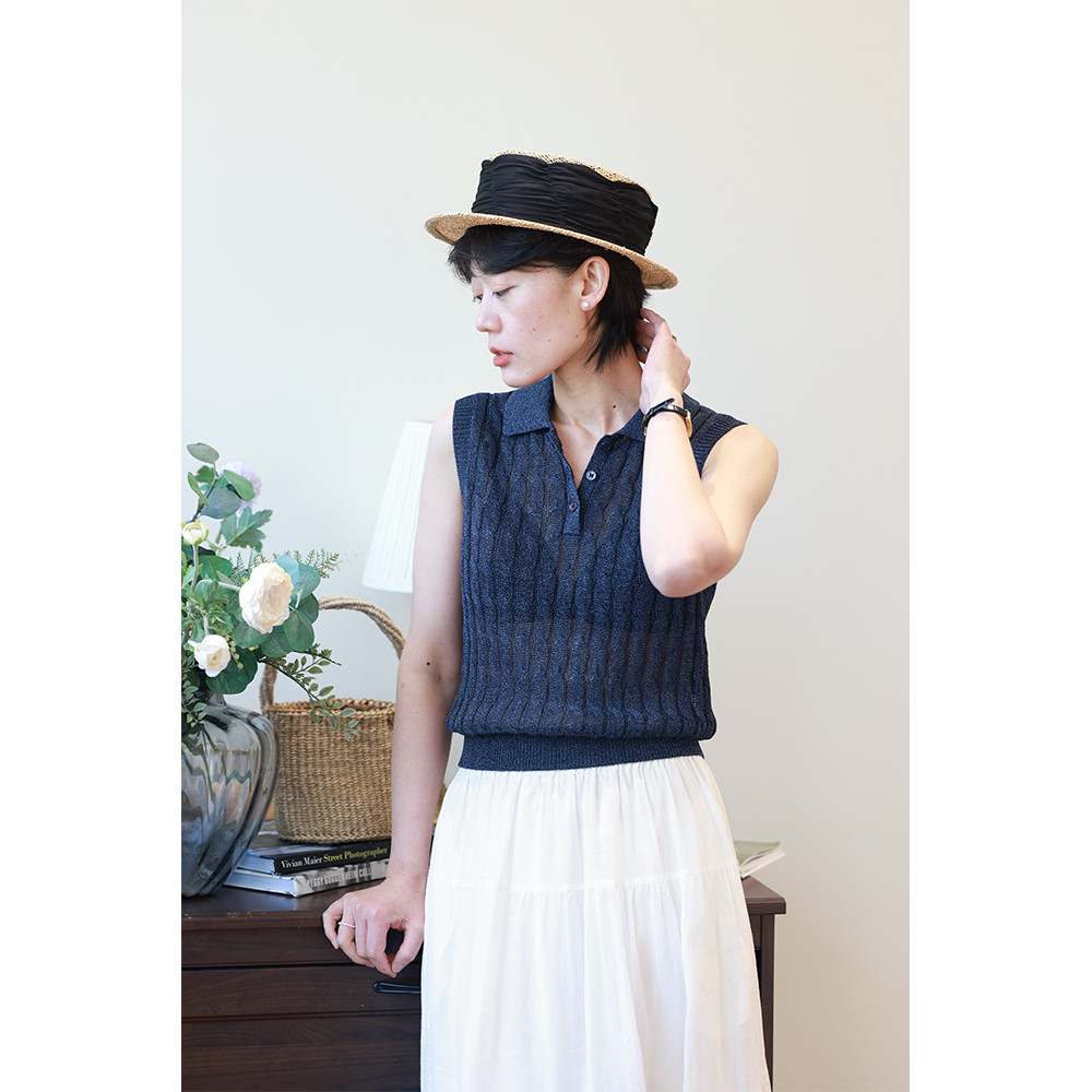 Fio de papel japonês algodão Retro torção malha gola polo sem mangas camisola de malha colete feminino estilo dinheiro a