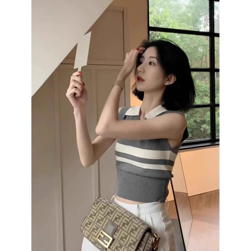Cinza estilo americano estilo Preppy listrado malha gola polo em camadas colete feminino primavera verão novo estilo cur