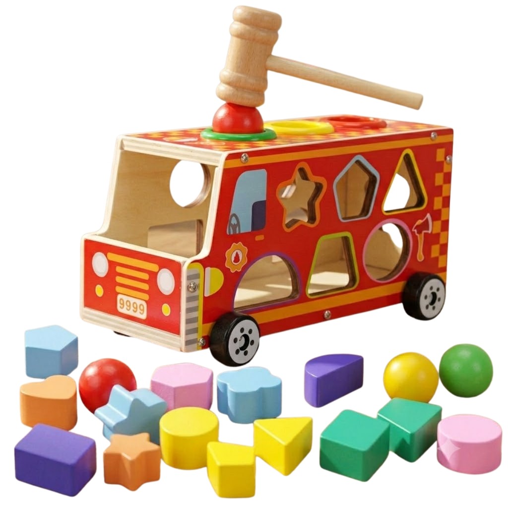 Brinquedo Montessori Educativo Infantil Caminhão Bombeiro Com Blocos Geométricos Castela