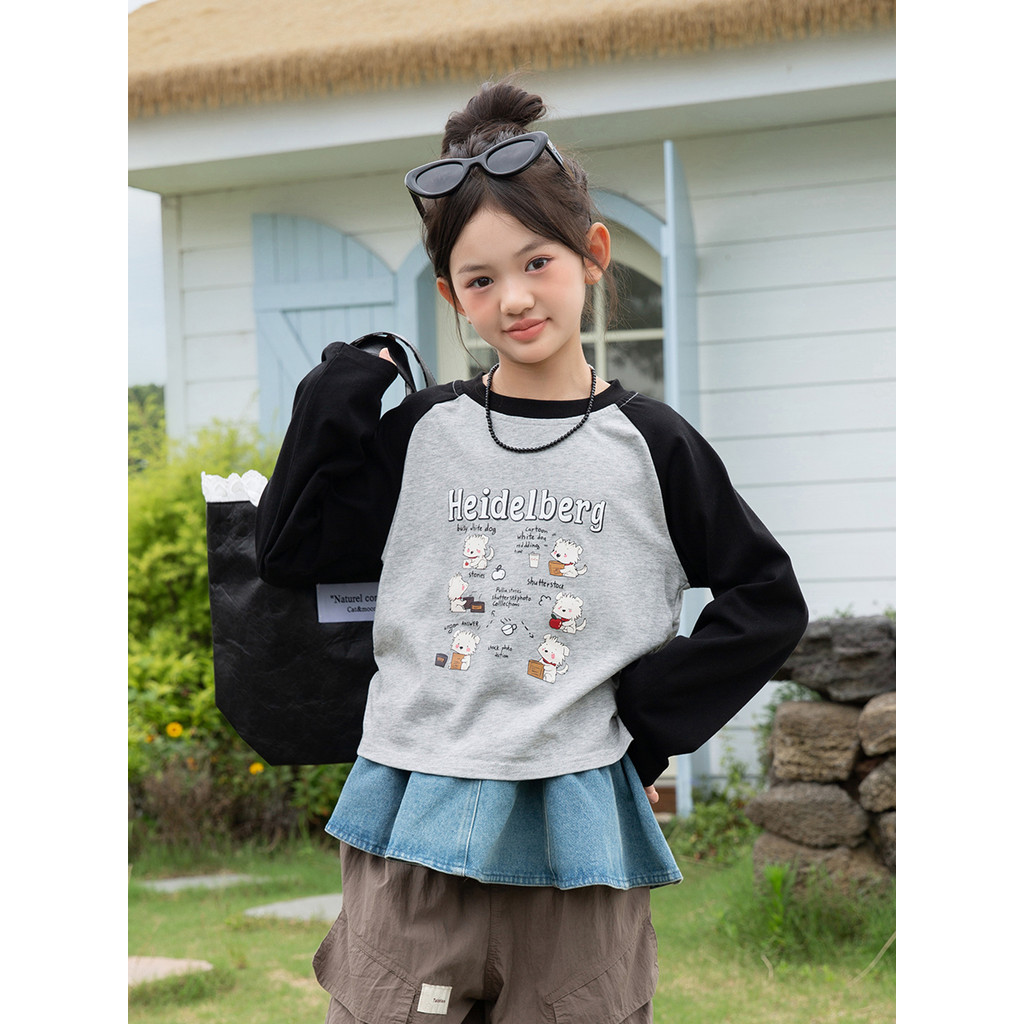 Meninas camiseta de manga comprida 2026 novo estilo primavera outono roupas crianças estilo ocidental manga Raglan Botto