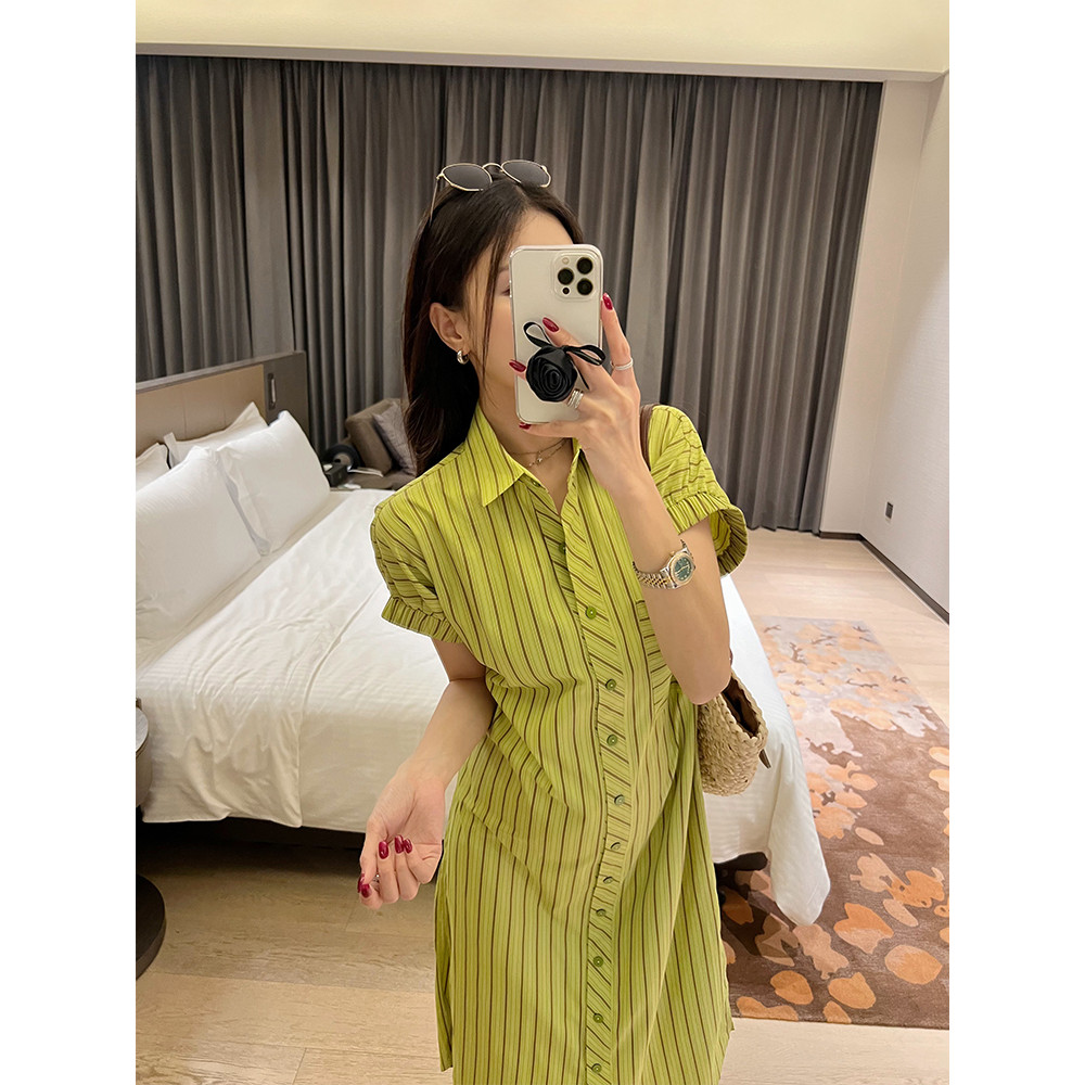 Golden Cocoon Branco Verde Listrado Camisa de Maternidade Vestido Verão Solto Manga Curta Vestido Casual Saia Longa