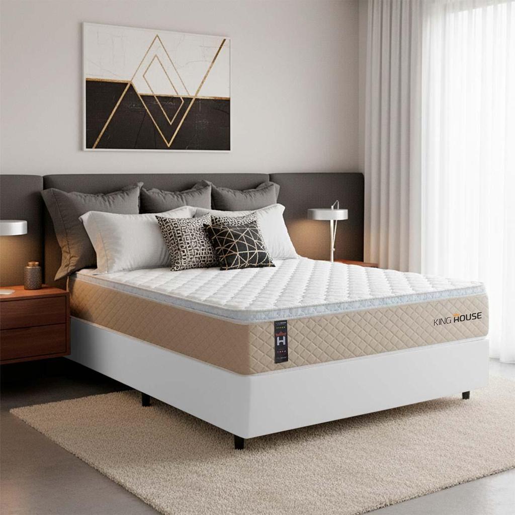 Conjunto Cama Box c/ Molas Ensacadas Alford Bege Casal 138x188x66