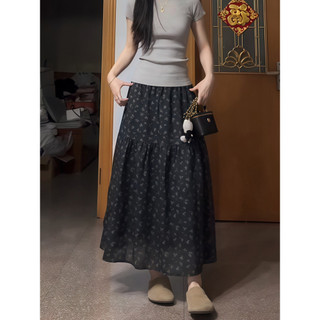Saia Floral preta verão saia fina longa a linha saia tamanho grande gordura mm capa barriga saia longa saia elegante