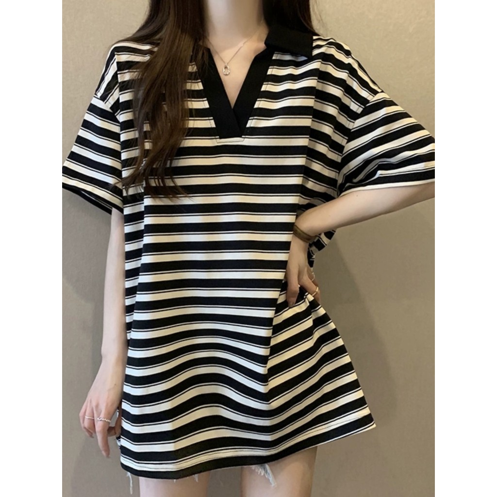 Preto branco listrado tamanho grande camiseta feminina comprimento médio capa bunda com decote em v ligeiramente gordo m