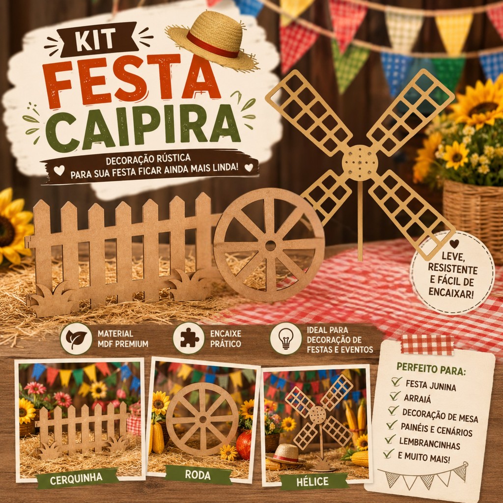 Kit Festa Country Infantil – Cerca, Hélice e Roda de Carroça