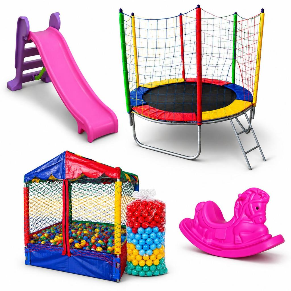 Cama Elástica 1,83m + Piscina de Bolinhas 1,00m + 500 Bolinhas coloridas + Escorregador Médio Rosa + Gangorra Cavalinho