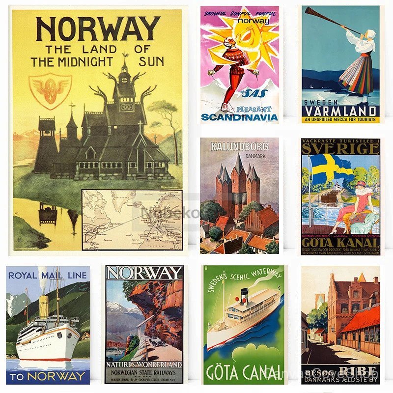 Pôster de Viagem dos Países Escandinavos HB8K, Dinamarca, Suécia, Noruega, Impressões Retrô, Pintura em Tela, Arte de Pa