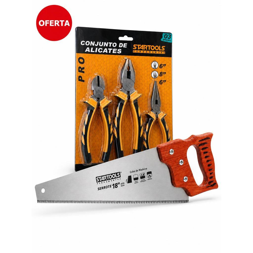 Kit Ferramentas Startools Alicates 3 Peças + Serrote 18” para Reparos e Marcenaria