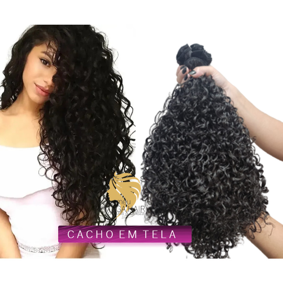 Aplique Cabelo Cacheado Tela Idêntico Humano 70cm 100grs Mega Hair Semi Humano Premium
