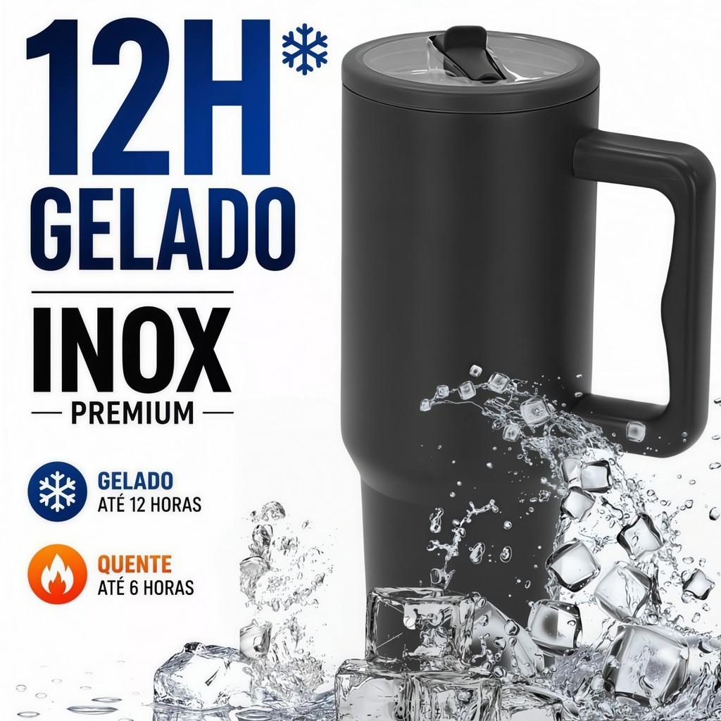 Copo Térmico Grande 1200ml Automotivo, Aço 304 com Alça, Tampa e Canudo para Bebidas Quentes e Frias
