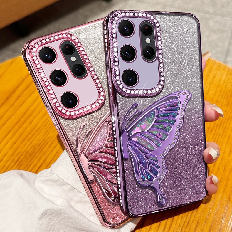 Para Samsung S26 Ultra S25 S24 S3 S22 S21 S20 Caso Líquido Flutuante Glitter Borboleta Kickstand Diamante Strass Borda L
