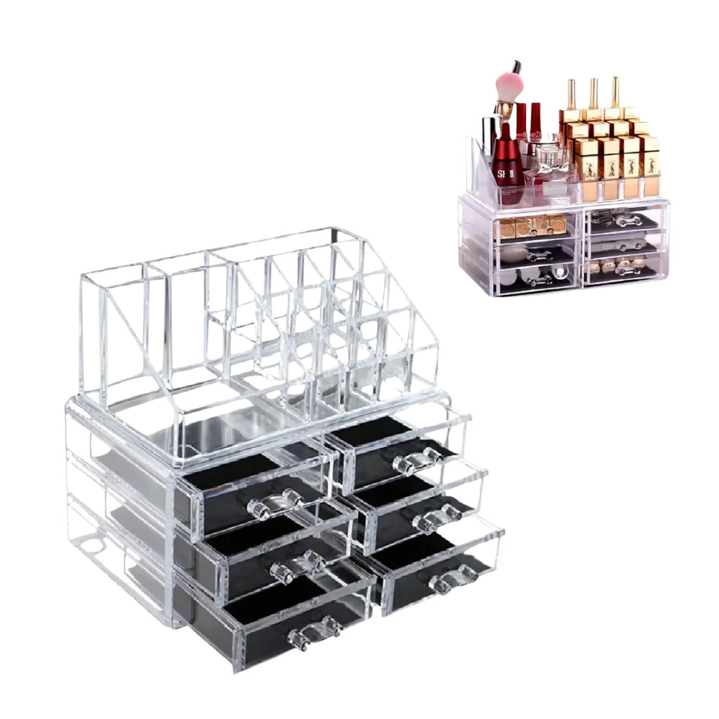 Organizador Acrílico Porta Maquiagem Pincel Batom Acessórios Rack Porta Jóias Ajustável C/ 4 Gavetas